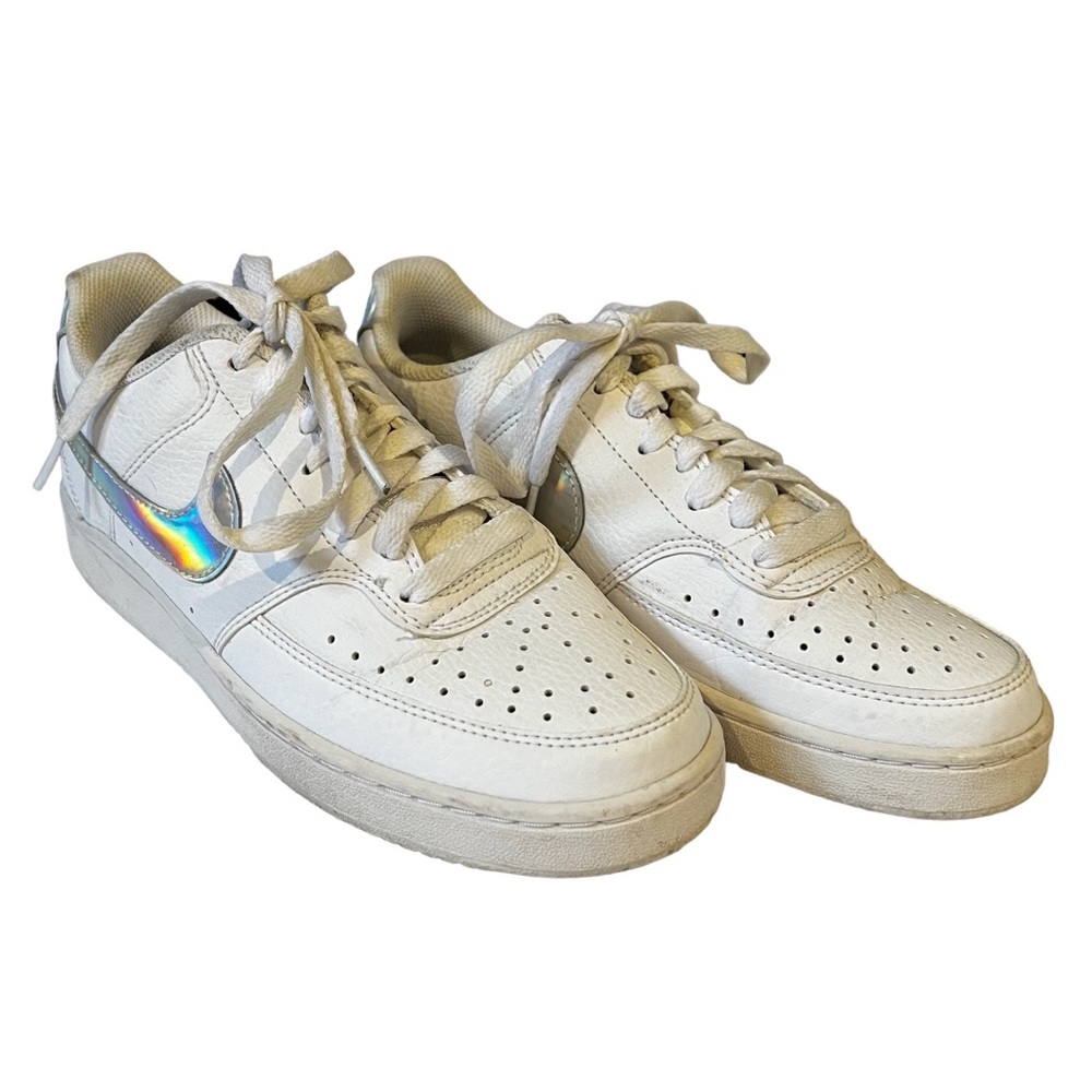 NIKE White with Silver Swoosh Court Vision Shoes Eight
